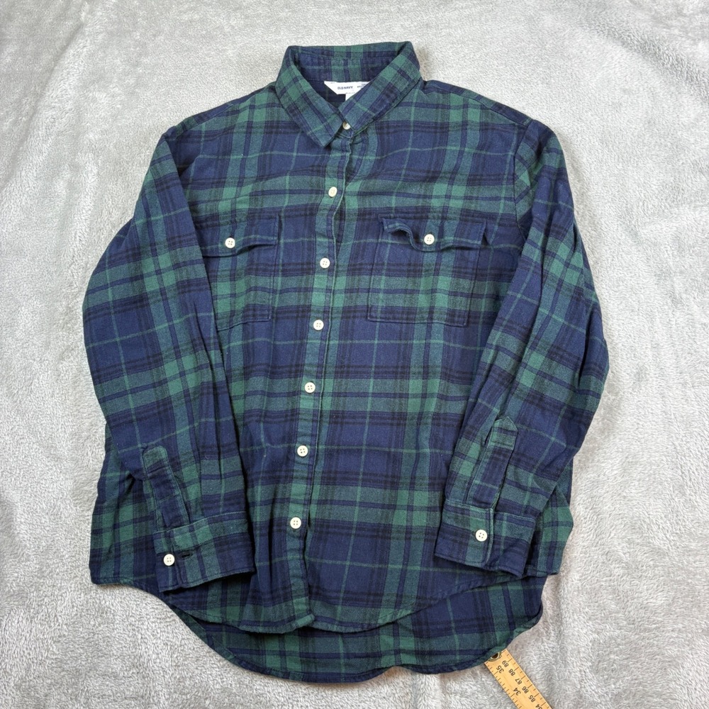 Old Navy Shirts Women M The Boyfriend Shirt Plaid Flannel Green Navy Blue